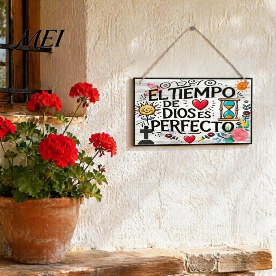 Entrance Wall Hanging Decor Spanish Religious Prayer Ornament with Rose Cross Flower, Inspirational Art Wooden Decorative Pendant for Living