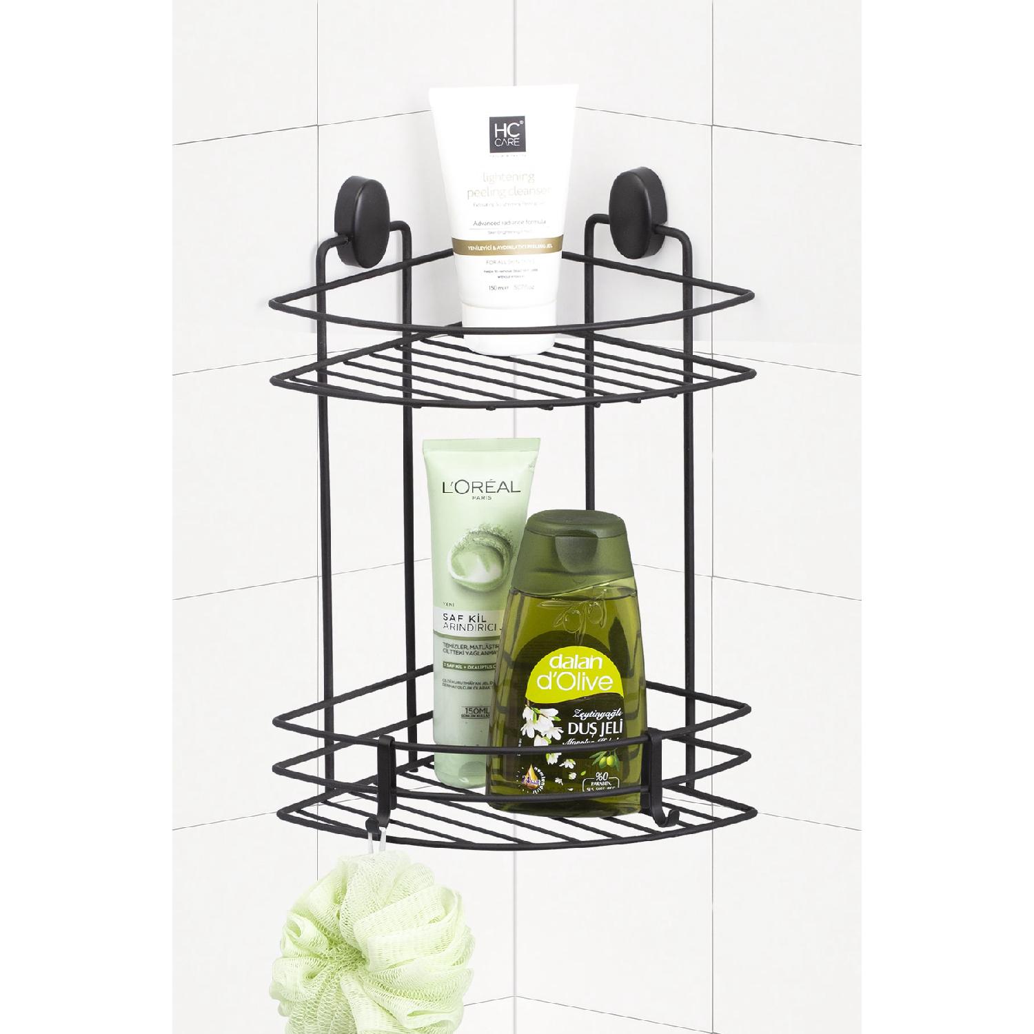 

Черная двухъярусная треугольная угловая полка для ванной комнаты