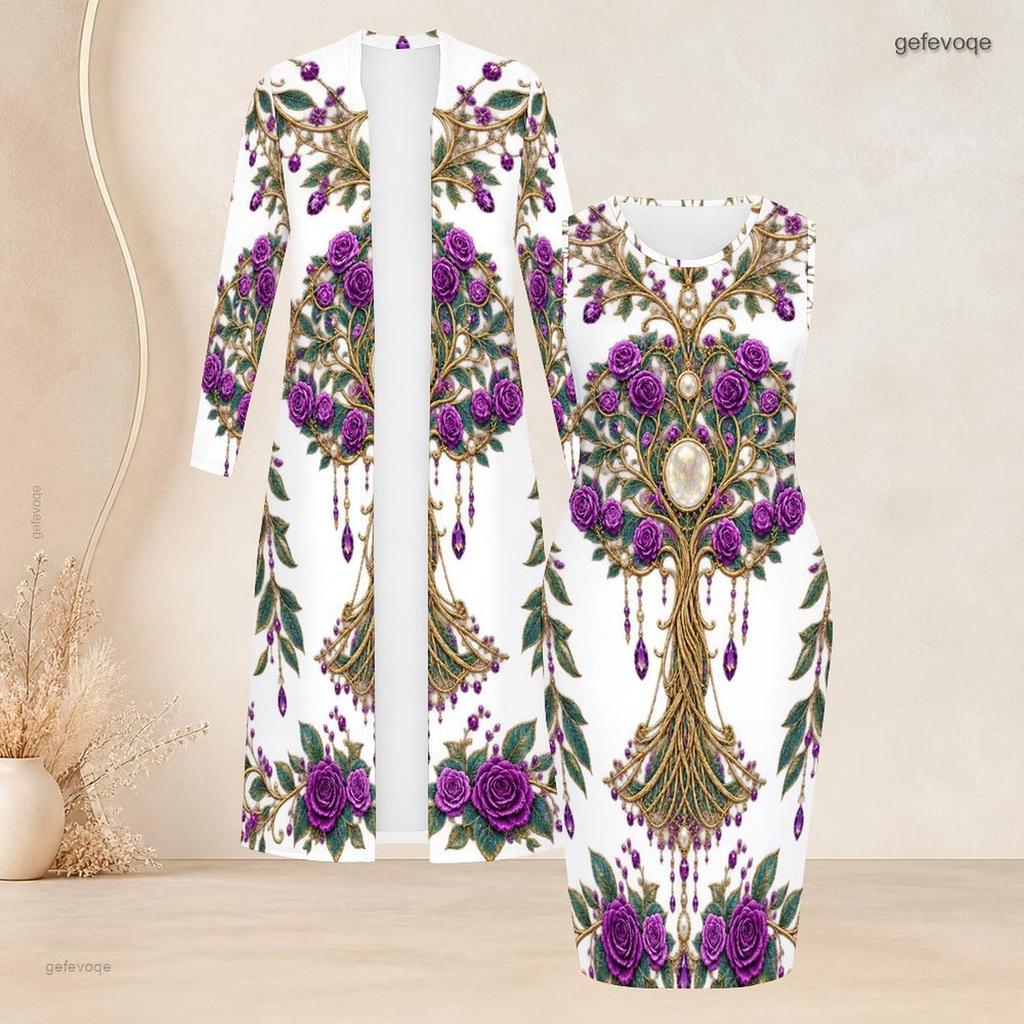 Women Plus Size Printed Two Piece Set Long Sleeve Open Front Cardigan Sleeveless Bodycon Dress