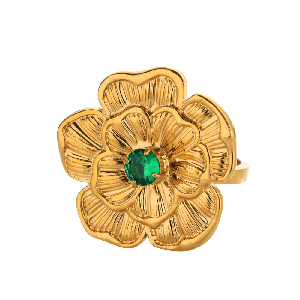 Stainless Steel Flower Green Zircon Open Rings For Women Gold Color Flower Ring Female Fashion Party Wedding Jewelry Gift Bff