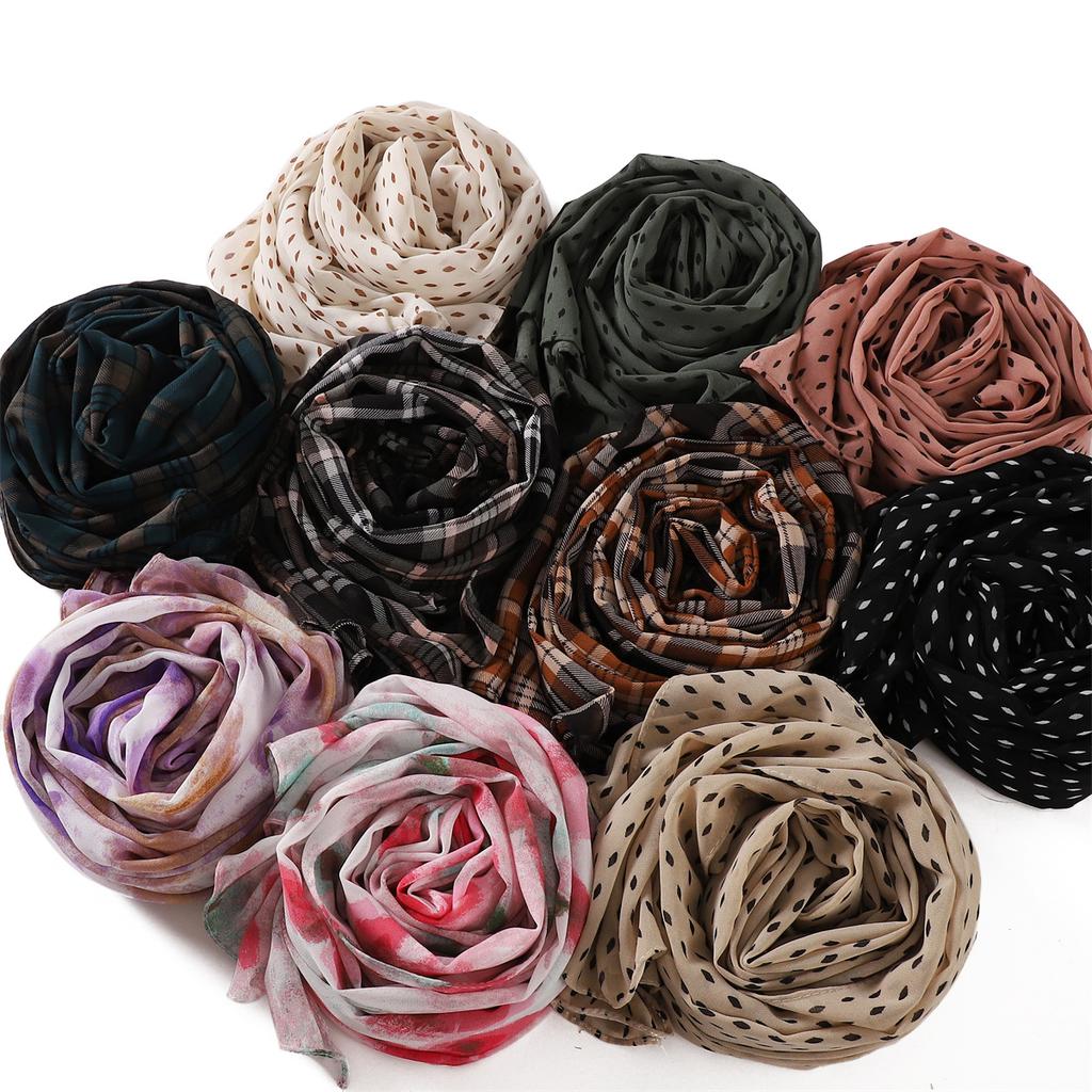Fashion Plaid Printed Chiffon Scarf Muslim Femmel Chiffon Hijabs Islam Accessories Turkish Bandana Yiwu Beautiful Scarf Shawls