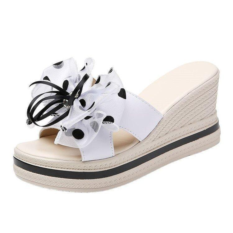 2024 summer new one-word with thick-bottomed women's muffin bottom bow wedge heel thick heel heightened small sandals