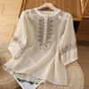 Retro Pure Cotton Five Quarter Sleeved Shirts Middle-aged Mom Loose Belly Covering Top Embroidered Women's Blouses & Shirts