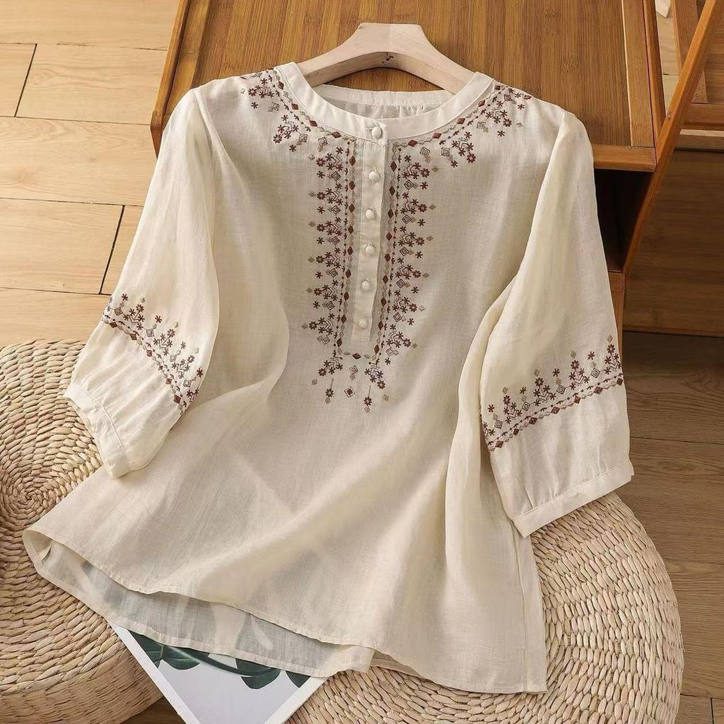Retro Pure Cotton Five Quarter Sleeved Shirts Middle-aged Mom Loose Belly Covering Top Embroidered Women's Blouses & Shirts