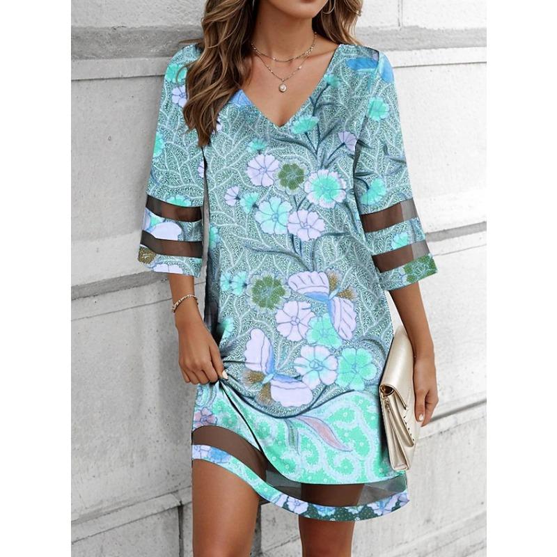 

YYFS женские модные летние весенние цветочные узоры с рукавами 3/4 и v-образным вырезом, свободные повседневные платья с талией XXL