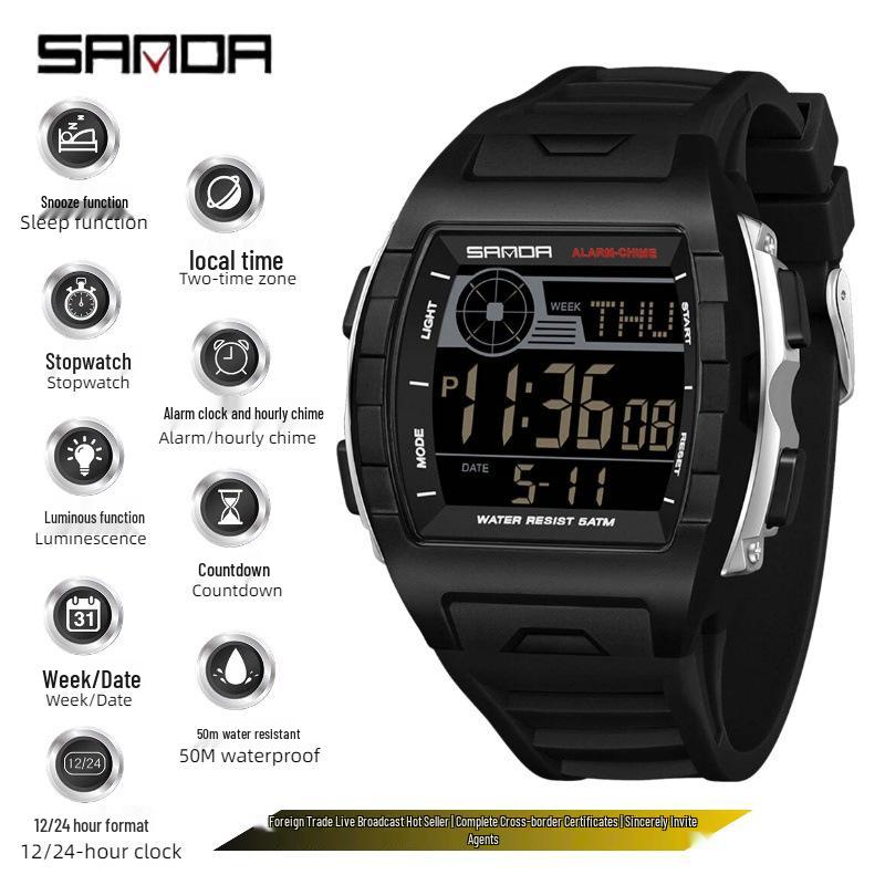 Sanda Multifunctional Student Sports Watch - Dual Time Zone, Alarm, Waterproof