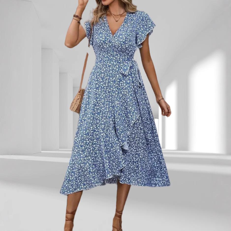 Fashion Women's Floral Print Wrap Midi Dress V-Neck Ruffle Sleeve High Split Summer Sundress