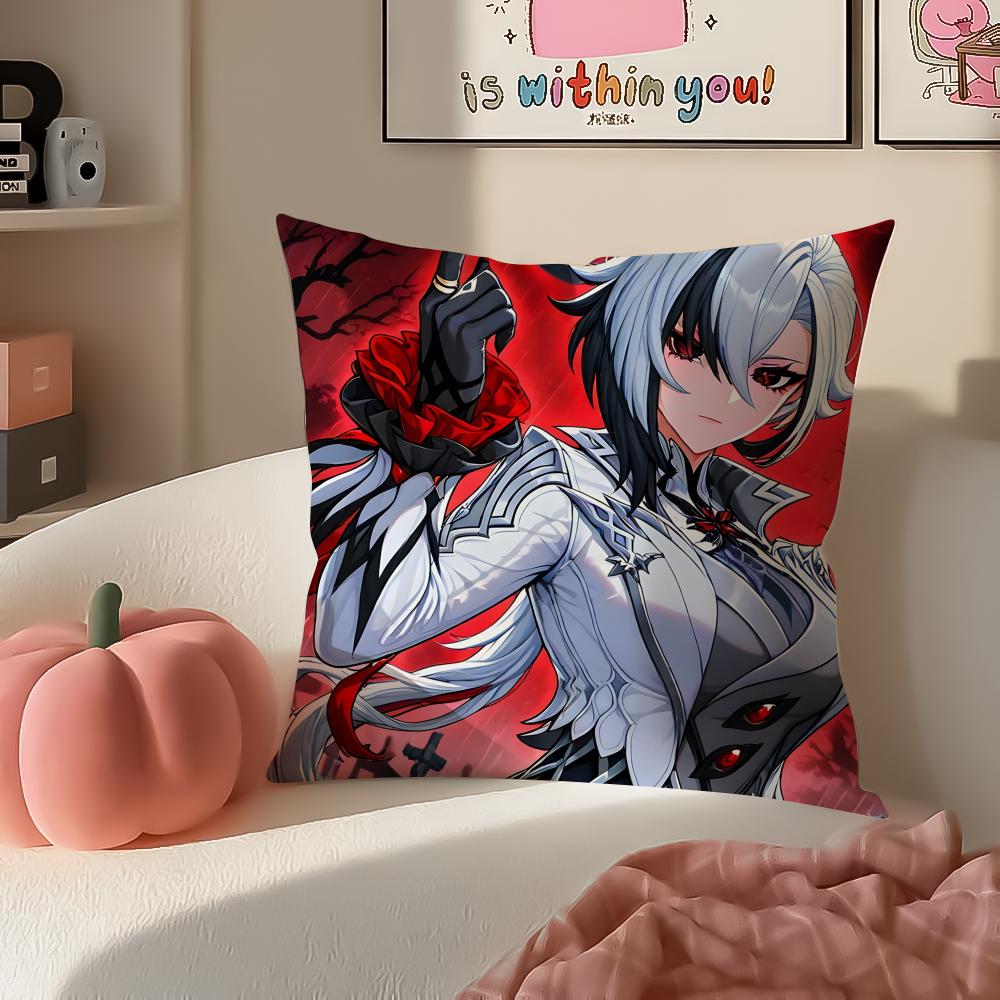 Game Genshin Arlecchino Cushion Cover Pillowcase Short Plush Invisible Zipper Room Sofa Cushion Cover