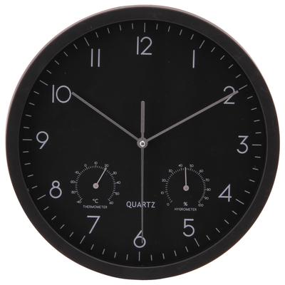Fuji Boeki Wanduhr, Durchmesser 25,4 cm, Schwarz, mit Temperatur- und Hygrometer, Sweep, kontinuierlicher Sekundenzeiger, geräuschlose Lünette, 26333