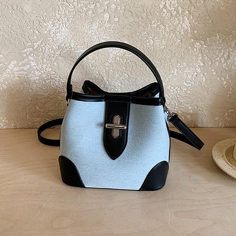 Stylish Denim Bucket Bag Women - Casual Shoulder Tote With Lock PU Leather Blue Brown Combo