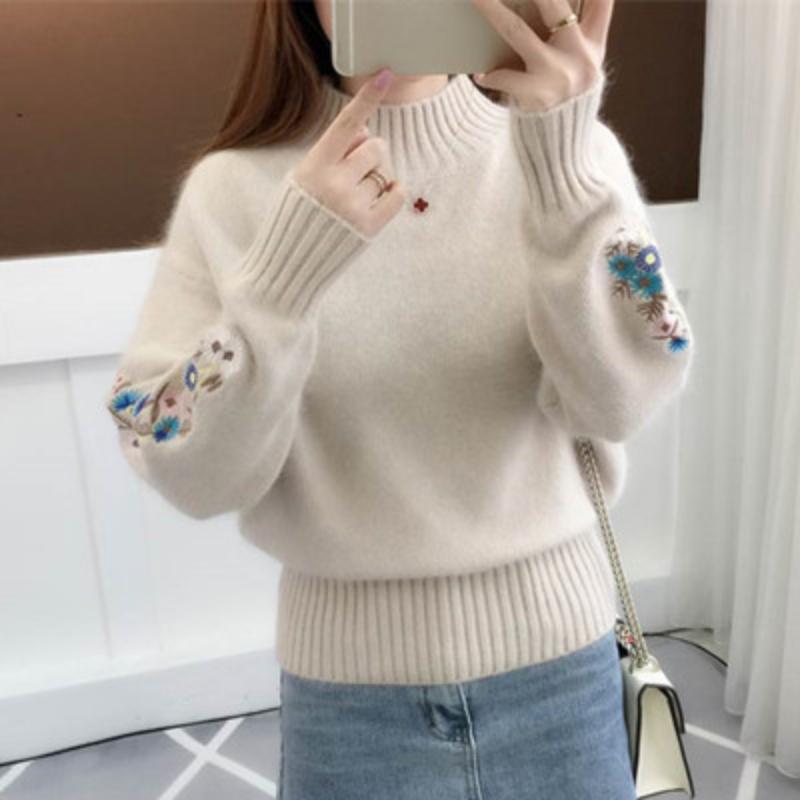 Women Knitted Sweater Floral Embroidery Thick Sweater Pullovers2023 Autumn Winter New Long Sleeve Turleneck Sweaters