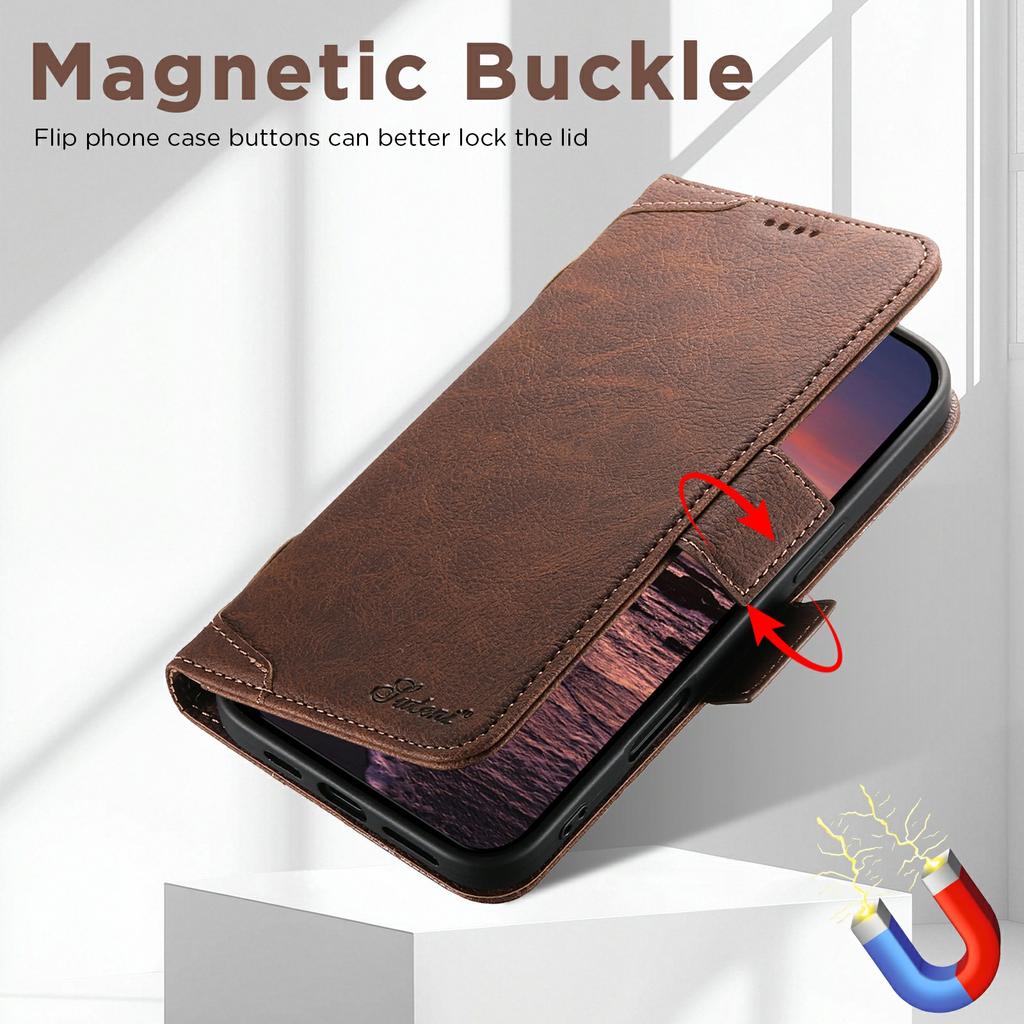 SUTENI J07 For iPhone 17 Pro Case Compatible with MagSafe Litchi Texture Leather Wallet Phone Cover