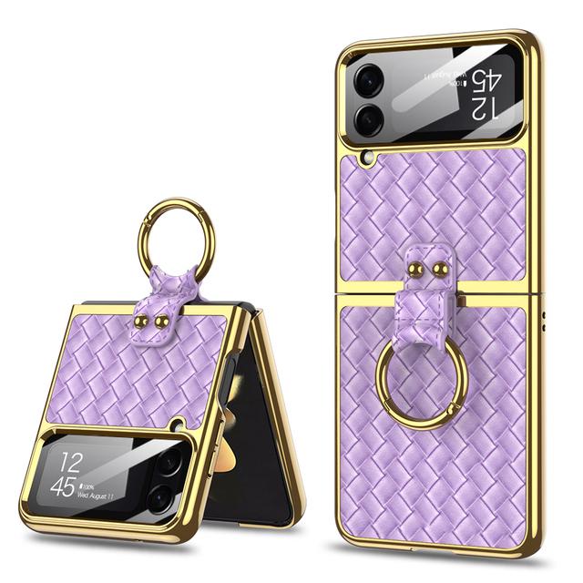 Ring Stand Capa For Samsung Galaxy Z Flip 4 5g Flip4 Case Plating Weave Textured Leather Lens Tempered Glass Plastic Pc Cover