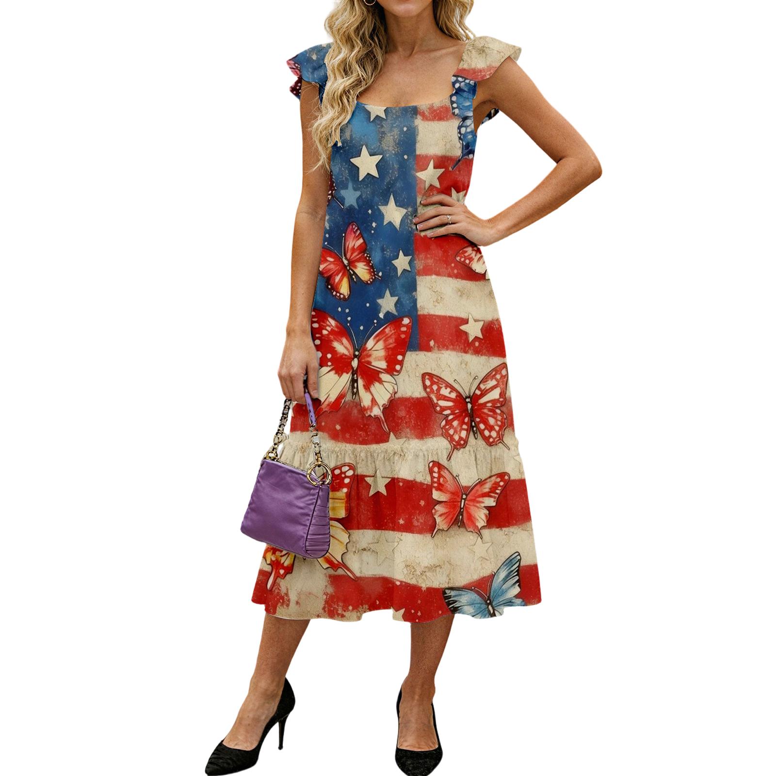 

Женское модное свободное платье средней длины с оборками и рукавами-крылышками с принтом ко Дню независимости L красный