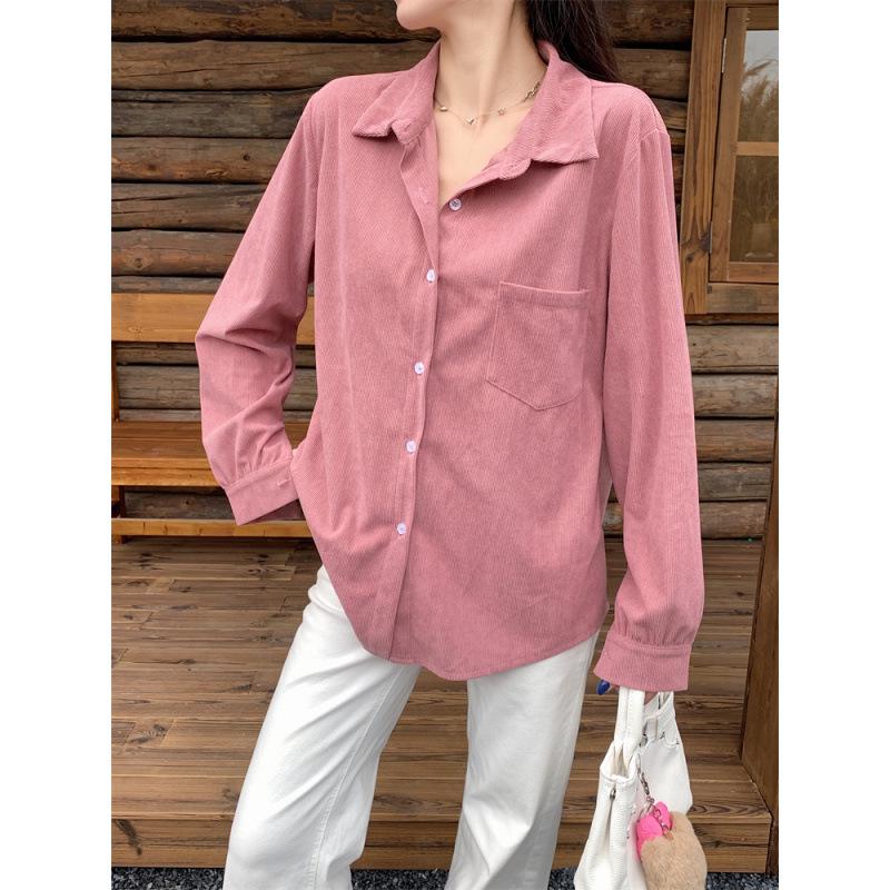 Plus Size Women's Retro Corduroy Shirt - Casual Long Sleeve BF Style for Spring & Autumn