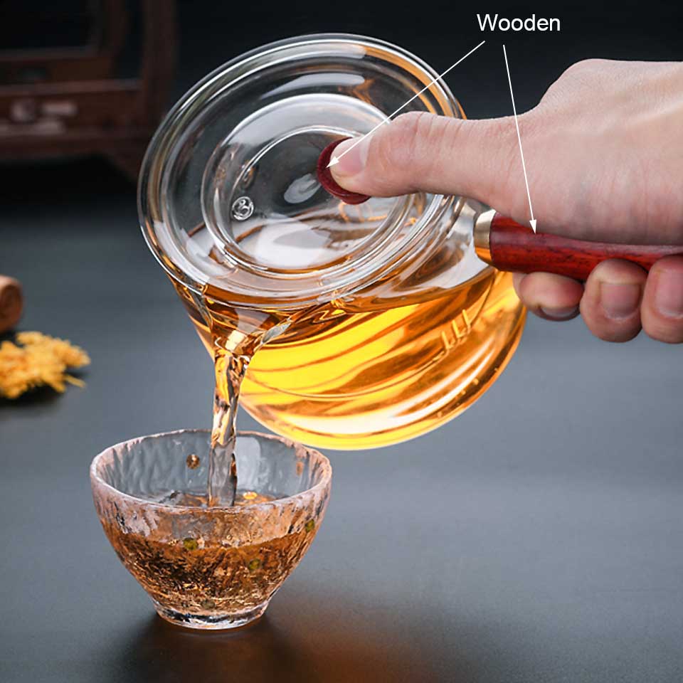 Teiera in vetro da 500 ml con infusore, filtro, bollitore, manico in legno, set da ufficio