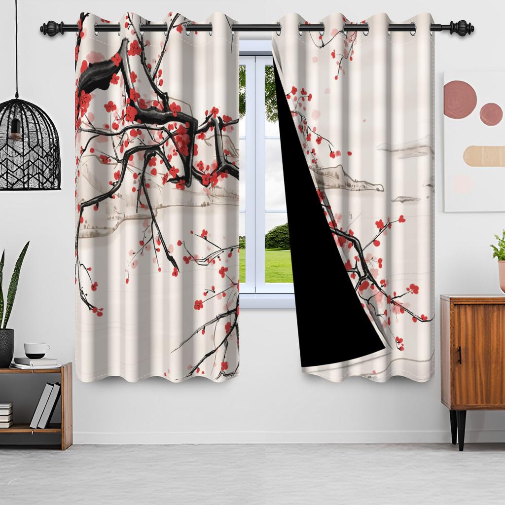 2pcs/Set Cherry Blossom Window Curtain Japanese Scenery Mount Fuji Sun Bedroom Living Room Polyester Blackout Soundproof Curtain