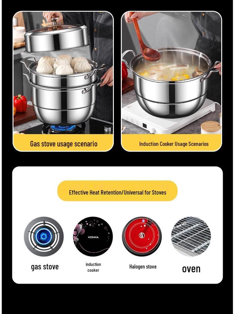 Three-Layer 304 Steel Steamer Pot with Large Capacity for Multi-Functional Cooking