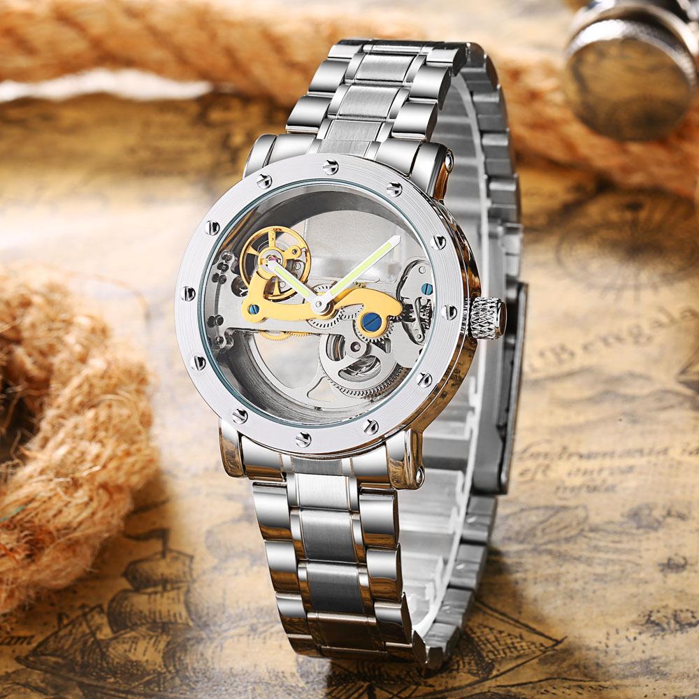 New Man Watch Luxury Mechanical Watch Men Stainless Steel Automatic Self Wind Watch Skeleton Transparent Hollow Watch