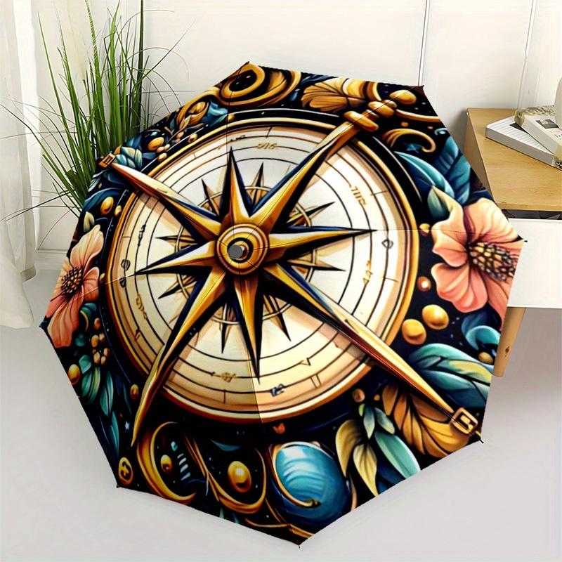 1pc Compass Floral Auto Open/close, All-Season Portable Folding Umbrella for Women & Men, Travel, Everyday, Formal Events - Compact Luxury Parasol, Ou