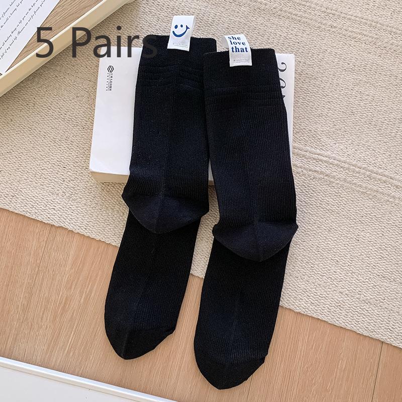 

5 пар весенне-летних белых носков для теленка, женские носки Tide с покатым каблуком и тканевой этикеткой со смайликом, носки до середины икры с завязками 5 pairs чёрный