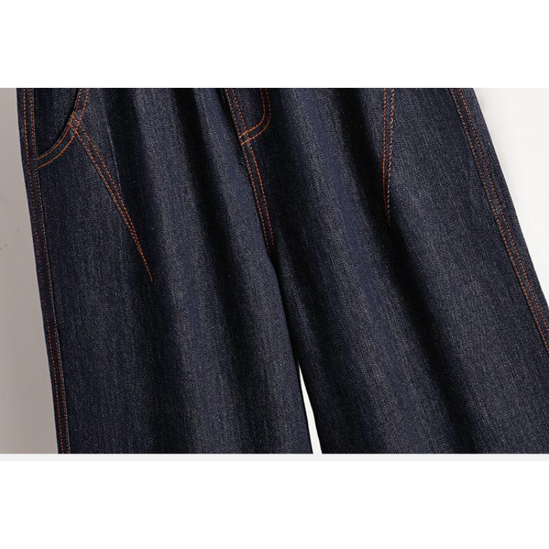 DIMANAF 2026 Spring Summer Plus Size Women Long Pants Denim Jeans Elastic Waist Oversize Loose Cotton Plaid Blue