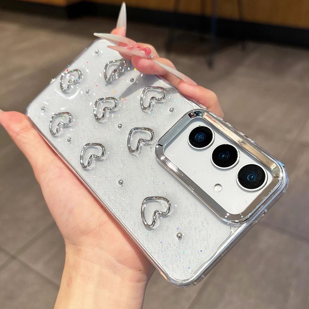 Clear Glitter 3D Silver Love Heart Case For Samsung Galaxy S25 S24 S23 Ultra Plus FE A56 A36 A26 A16 A55 A35 Epoxy Bumper Cover
