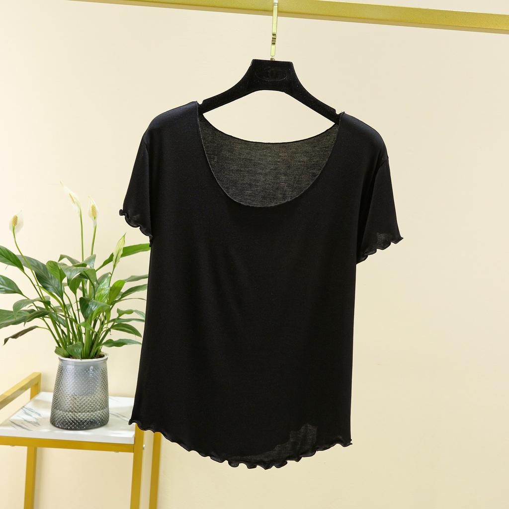 Women's U Neck Short Sleeve T-Shirt Loose Fit Modal Fabric Ruffle Hem Solid Color 2026 Summer Casual Basic Layering Top