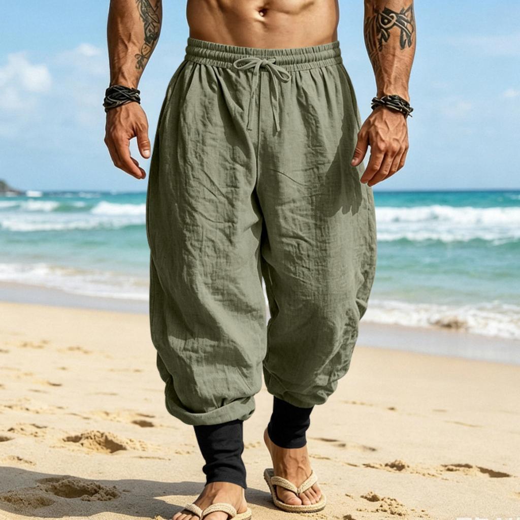 Men Linen Jogger Pants Loose Fit Drawstring Waist Breathable Tapered Leg Cuffed Hem Casual Beach Holiday Trousers