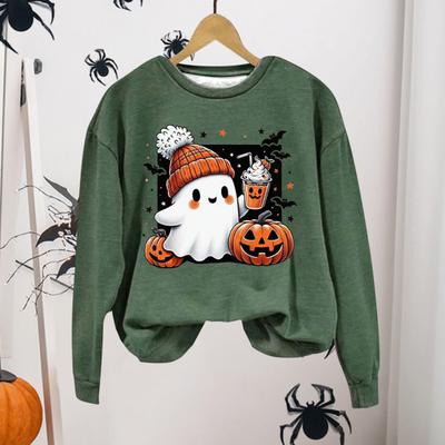 Women Halloween Sweatshirt Cartoon Pumpkin Bat Ghost Print Crew Neck Long Sleeves Pullover Top Daily Wear Commuting Sport Sweatshirt