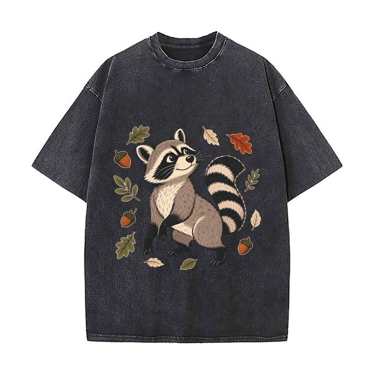 Playful Woodland Raccoon Mascot Illu Vintage Distressed Washed Cotton Short Sleeve Streetwear Outfit M