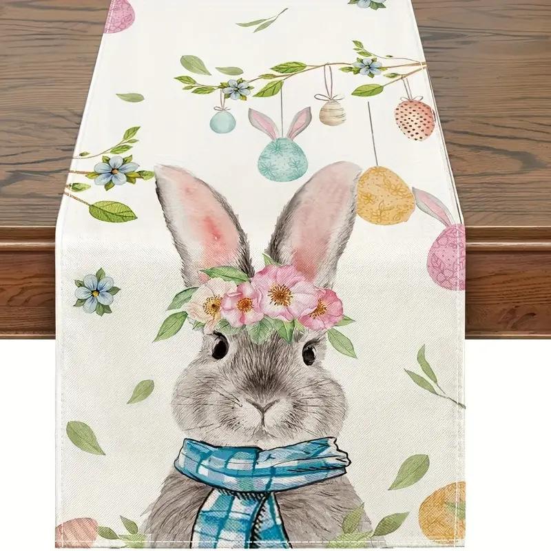 New Linen Happy Easter Table Runner Egg Rabbit Easter Tablecloth Bunny Placemat Kitchen