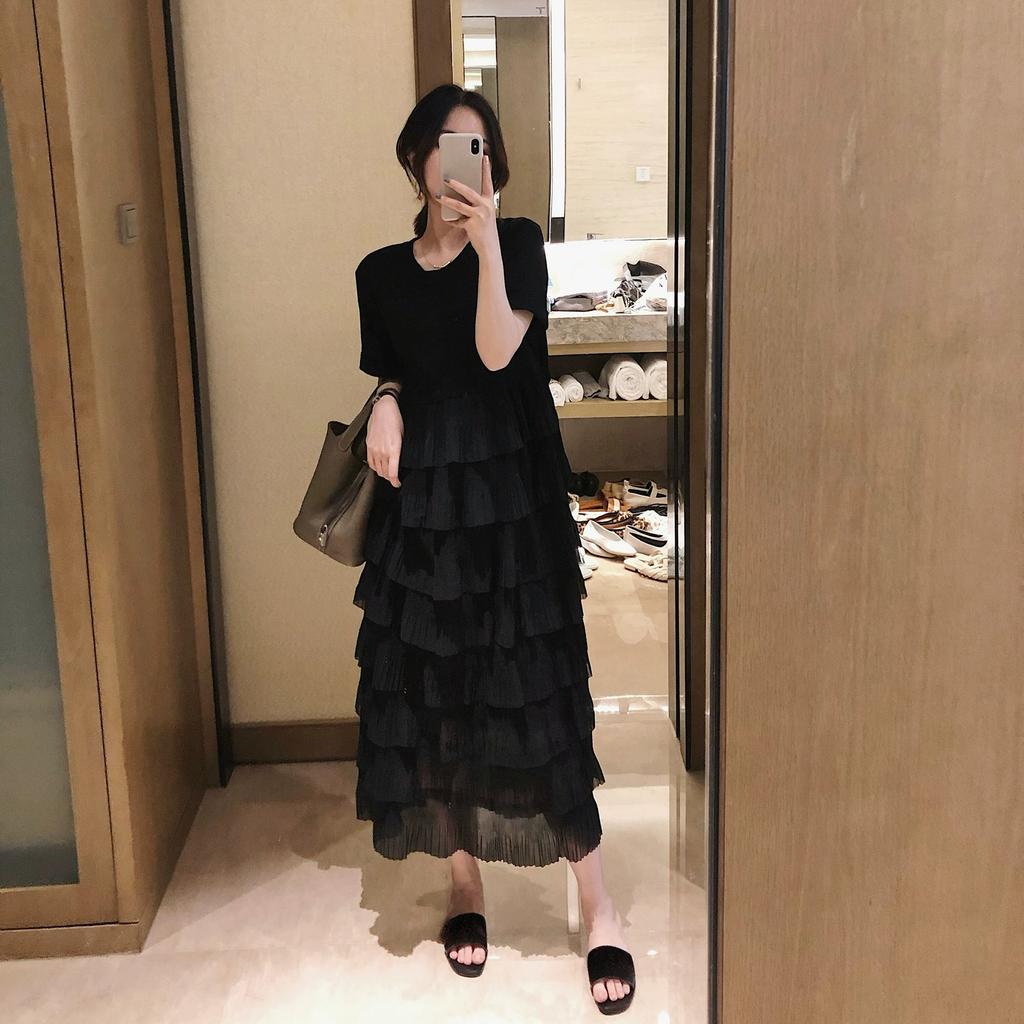 Summer Fat MM Women's Skirt Cake Loose Short Sleeve Chiffon Stylish Look Thin Black French Dress