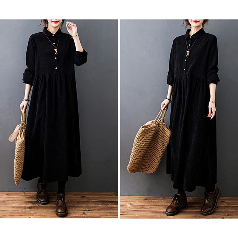 Corduroy Shirt Loose Long Maxi Plus Solid with Pockets 6 [YYQ-SHOP] Women's Dress, Fit, Sleeves, Length, Spring, Autumn, Winter, Sizes, A-Line,