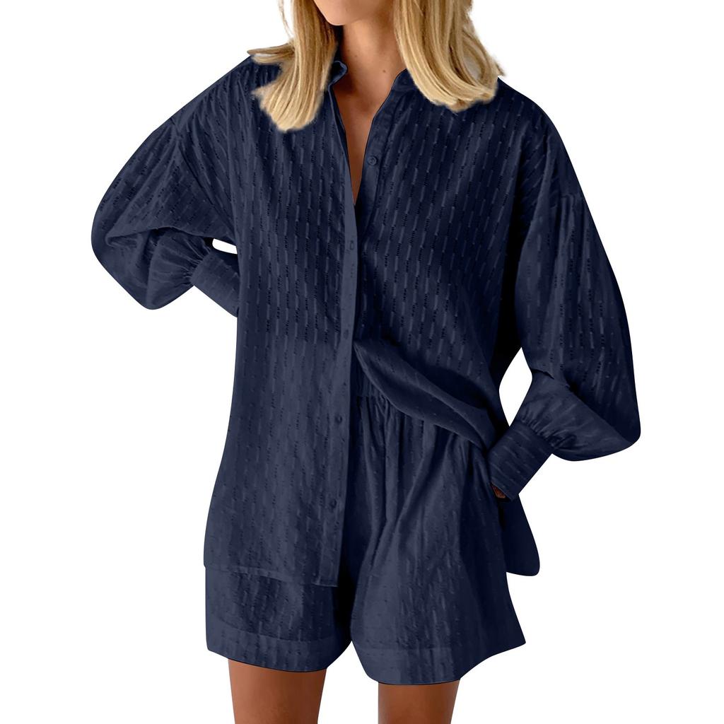 Lässige Mode Einfarbig Damen Shirts Puffärmel Elegante Tops Shorts Casual Anzug