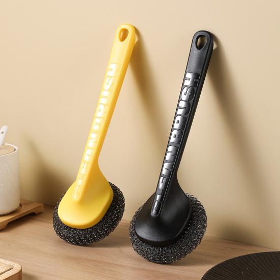 Pot Brush with Steel Ball Head Anti-Slip Grip Hanging Hole Long Handle Dishes Scrubber Kitchen Cleaning Tool