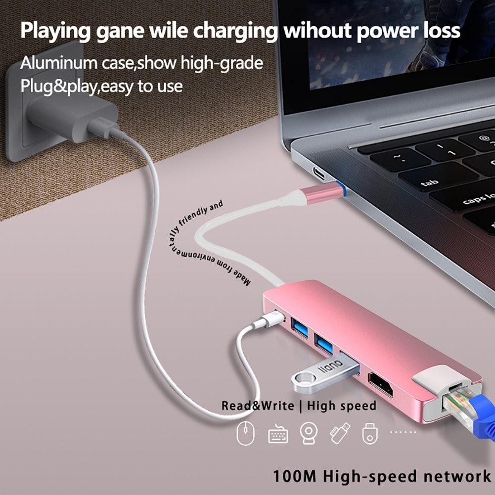 6 in 1 USB C HUB Docking-Konverter USB 3.0 4K HDMI-kompatibel Typ-C 55W PD Ladeadapter RJ45 Multi-USB-Station