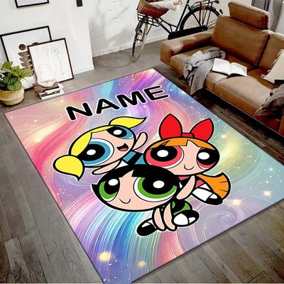 Benutzerdefinierte The Powerpuff Girls Matte mit personalisiertem Namen, waschbarer Polyester-Eingangsbereich-Teppich für den Innenbereich, Geschenk für Weihnachten, Ostern, Thanksgiving