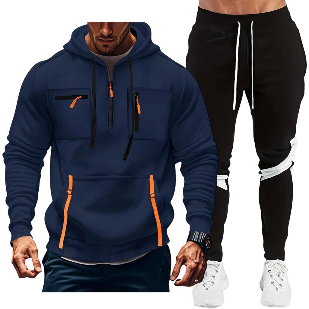 Men'S Hoodie Multi Pocket Hooded Long Sleeved Casual Sports Two-Piece Set