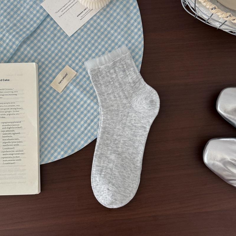 Pleated Laceless Short Socks, Ballet Style, White Mid-calf Socks, Summer Lightweight Version, Summer Layered Stockings