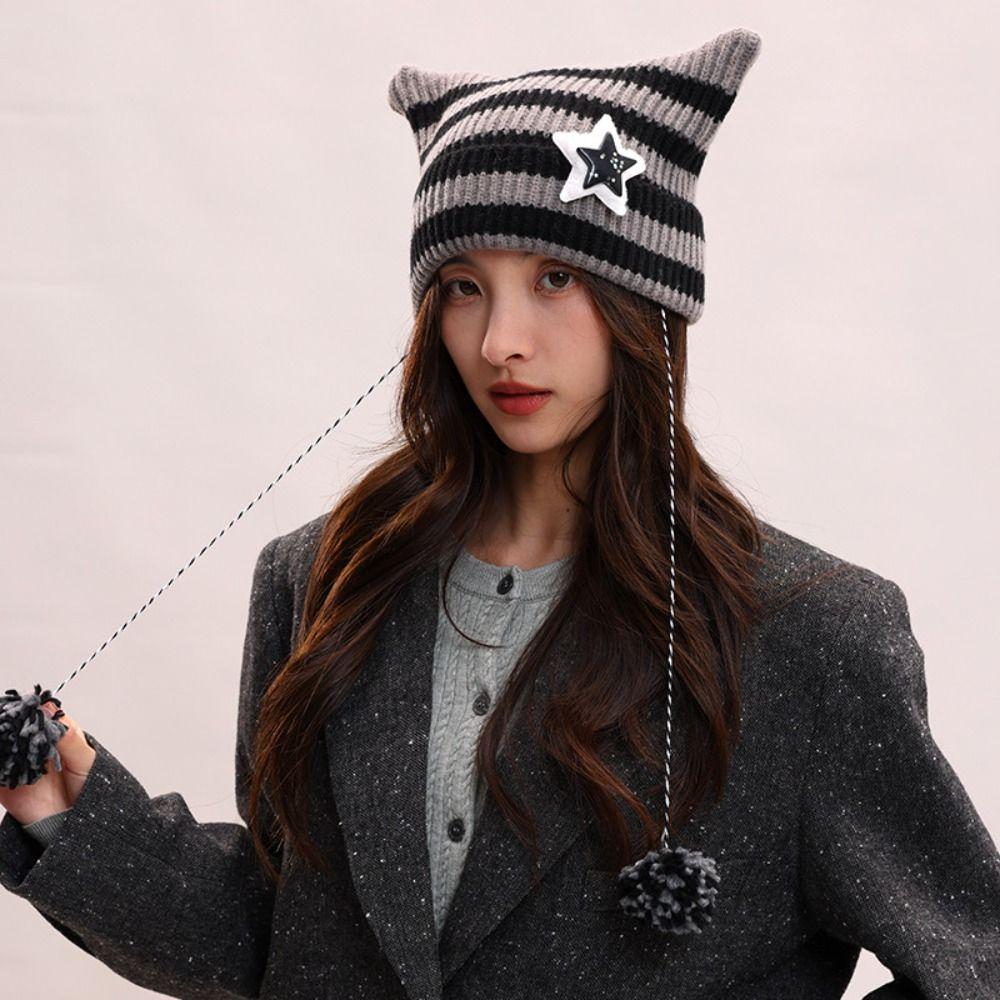 Y2K Cat's Ears Knitted Hat Star Woolen Hat Cute Warm Cap  Women