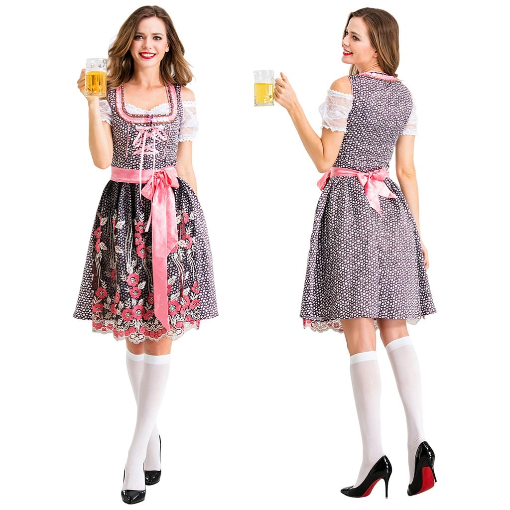 Traditional Style Bavarian Dress Oktoberfest Costume Beer Maid Uniform with Embroidered Apron and Lace Trimmed Sleeves for Women