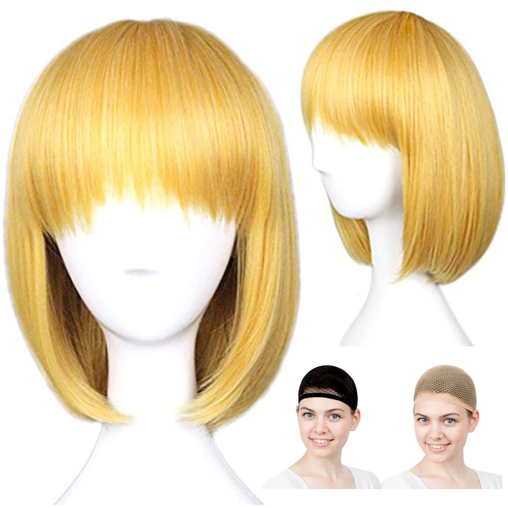 CaseEden Cosplay Wig, Short, 40cm, Blonde, Gold, with 2 Wig Nets