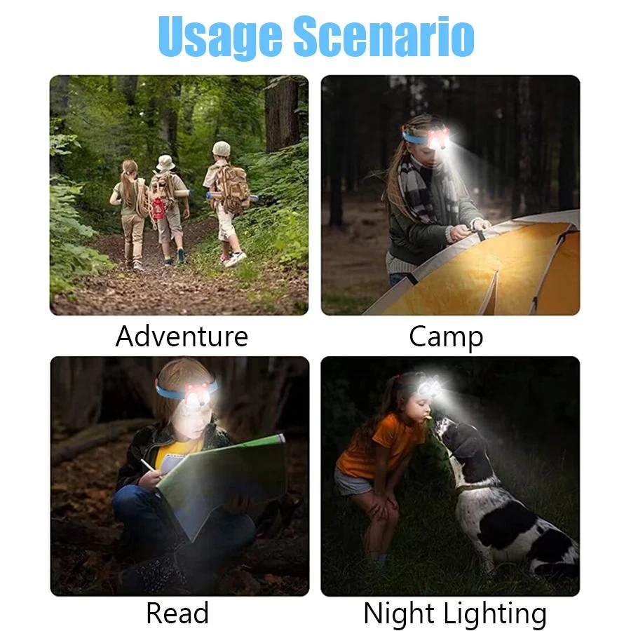 XIWANGFIRE Children's Exploration Headlamp Cute LED Fox Raccoon Shaped Lamp TYPE-C Rechargeable Portable Outdoor Waterproof Tool