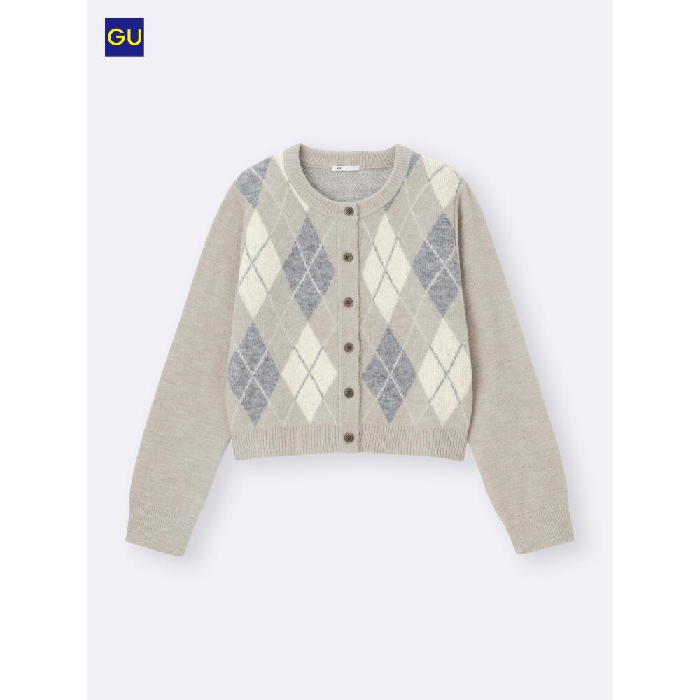Uniqlo Gu Puff Knit Argyle Crew Neck Short Cardigan
