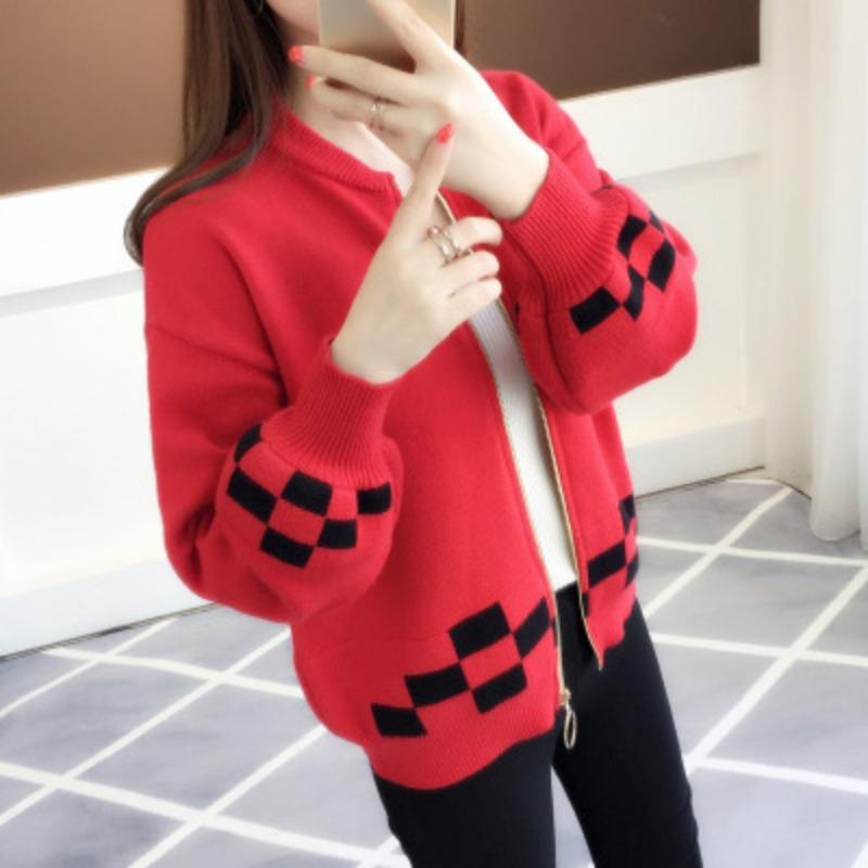 

Autumn and Winter Women s Round Neck with Zipper Outside Knitted Cardigan Loose and Fashionable Sweater Jacket S червоний