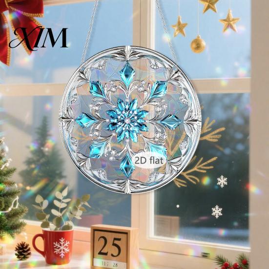 Durable Acrylic Holiday Signage Christmas 2D Hanging Ornaments, Stained Glass Style Snowman Santa Snowflake Colorful Window Decorations Hanger