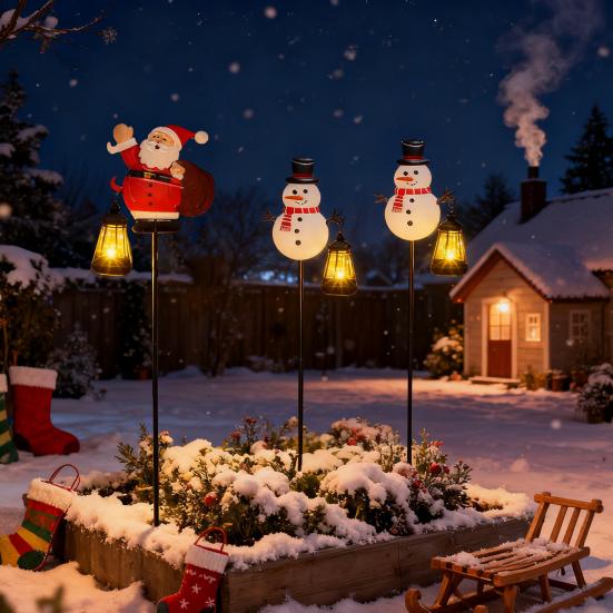 Solar Christmas Lawn Light Outdoor Lighted Santa Claus Garden Stake Metal Snowman Sign with Solar Lantern Waterproof Xmas Decor for Front Yard