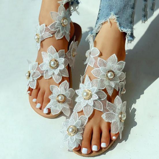 Kvinner Mote Blonder Blomster Faux Perler Innlagt Sko Sommer Clip Toe Flat Sandal