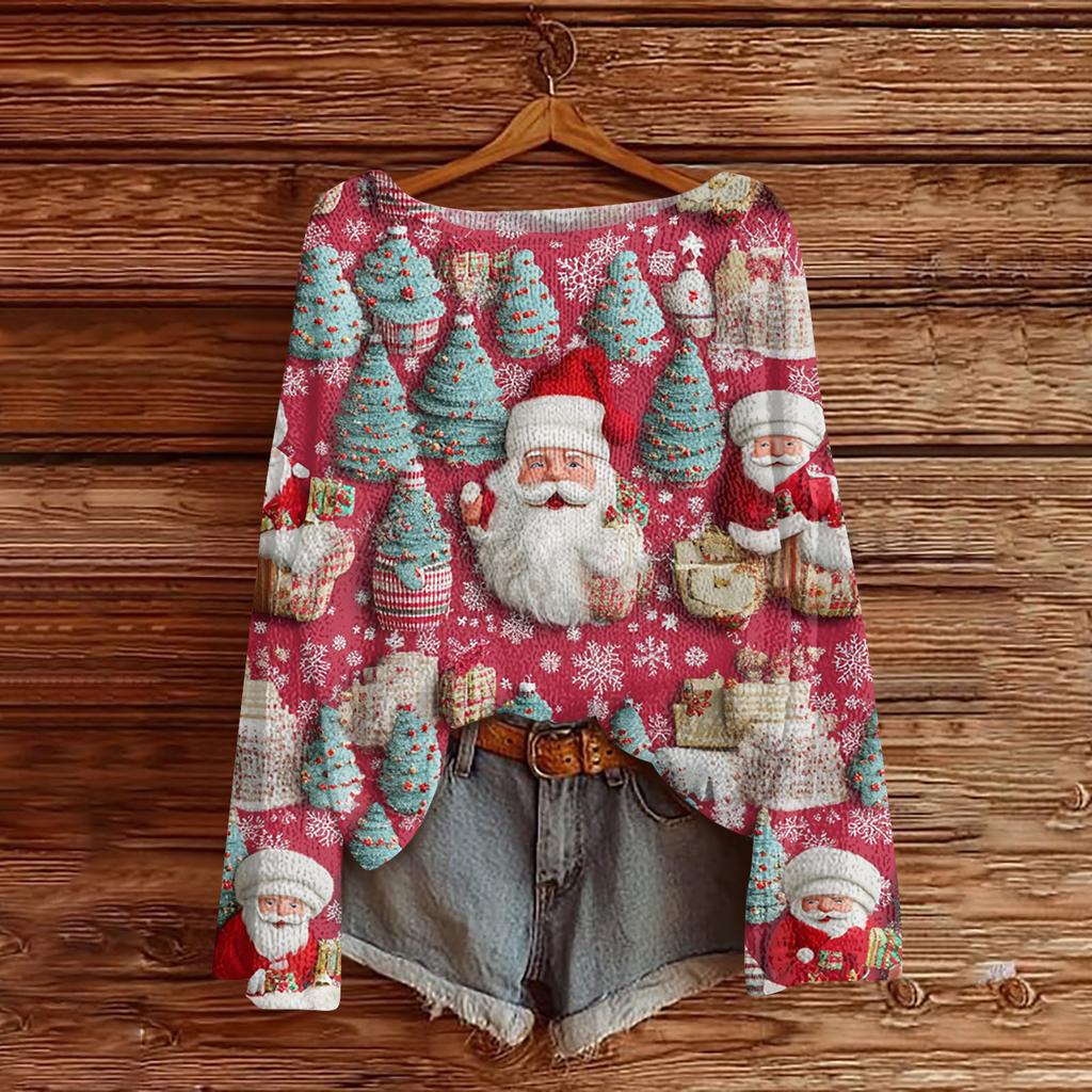 Ladies' Fashionable Casual Long Sleeved Christmas Printed Round Neck Knitted Yarn